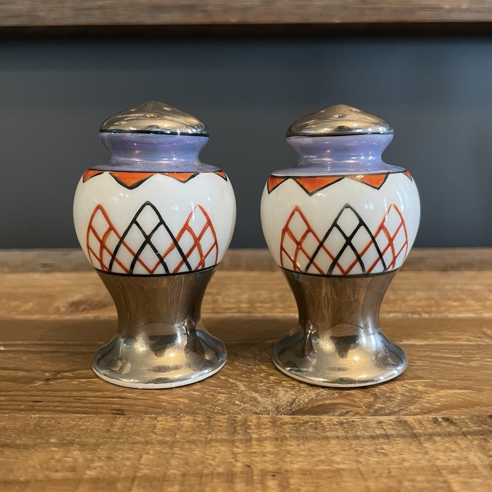 Vintage ART DECO Salt & Pepper Shakers Metallic Lusterware Japan Red 1920s-40s